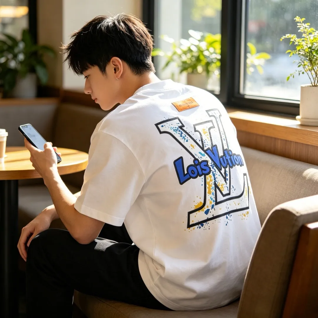 Louis Vuitton/Louis Vuitton blue and white graffiti logo printed short-sleeved front and back